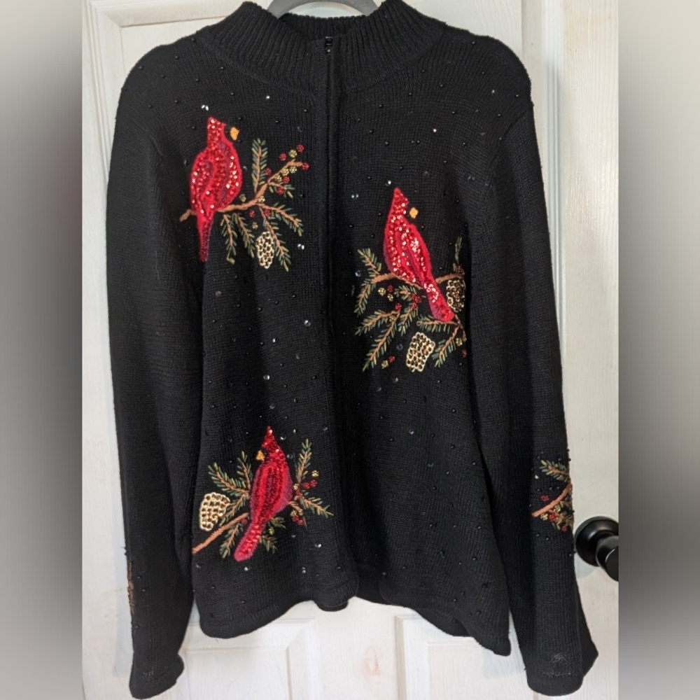 Vintage Sarah Bentley‎ Embroidered Black Sweater with Red Cardinals 0075